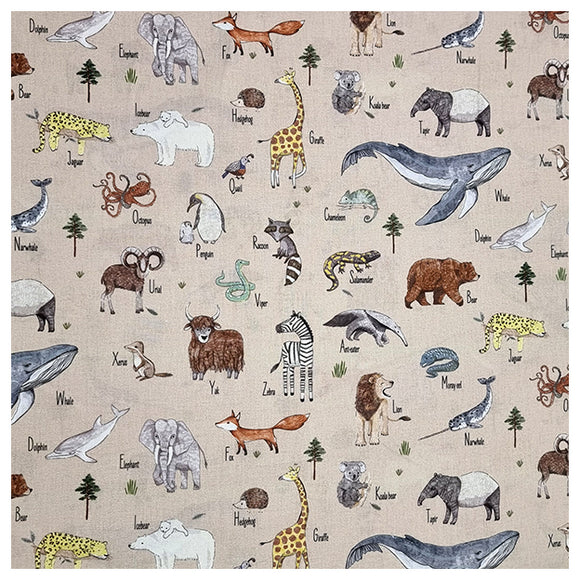 Baumwoll-Popeline Digital Tiere beige