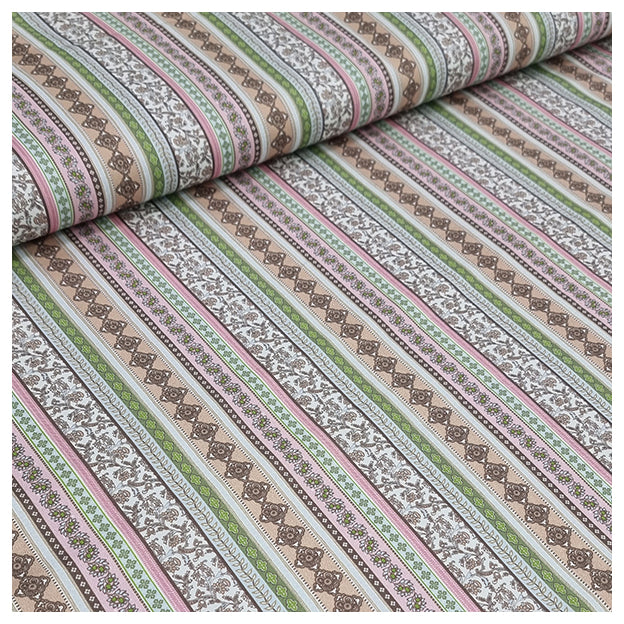 Baumwollsatin Siena rosa, hellbraun und grün