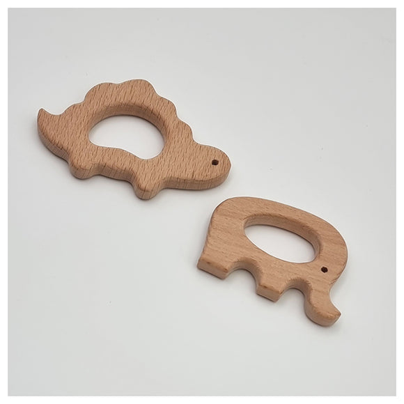 Beißring aus Holz - Elefant und Dinosaurier