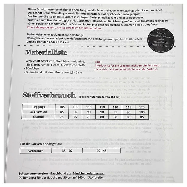 Papierschnittmuster Leggings Damen Größe 32-58