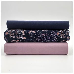 Jersey Stoffpaket botanische Blumen und uni lavender mit Bündchen