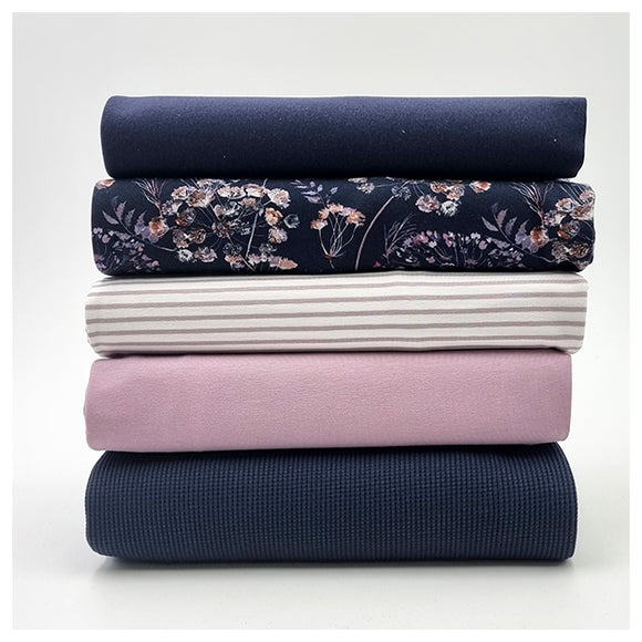 Stoffbox Jersey botanische Blumen und Waffelstoff Jersey dunkelblau mit Bündchen