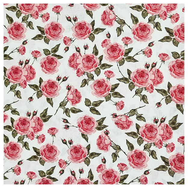 Baumwoll-Popelin Rosen mit Blätter weiß