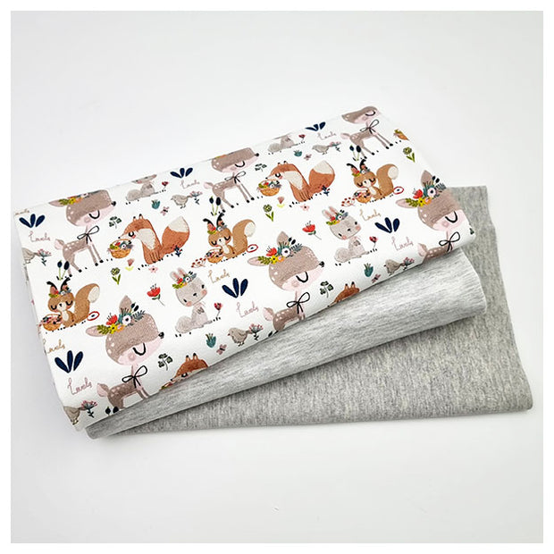 French Terry Stoffpaket Waldtiere und uni mit Bündchen