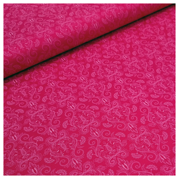 Baumwollsatin Halbdruck Ornamente Himbeere und weiß