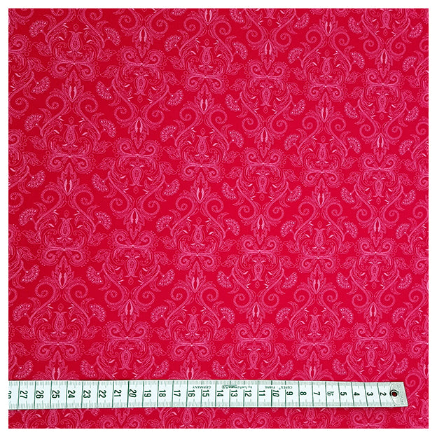 Baumwollsatin Halbdruck Ornamente Himbeere und weiß