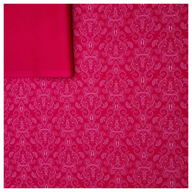 Baumwollsatin Halbdruck Ornamente Himbeere und weiß