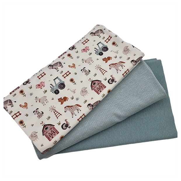 Jersey Stoffpaket Bauernhof und streifen mint mit Bündchen Bio