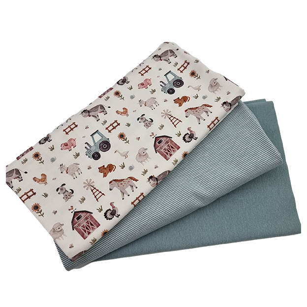 Jersey Stoffpaket Bauernhof und streifen mint mit Bündchen Bio