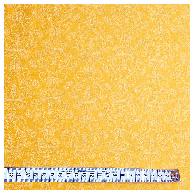 Baumwollsatin Halbdruck Ornamente gelb und weiß