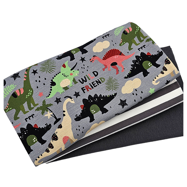 Stoffpaket French Terry Dino und streifen mit Bündchen