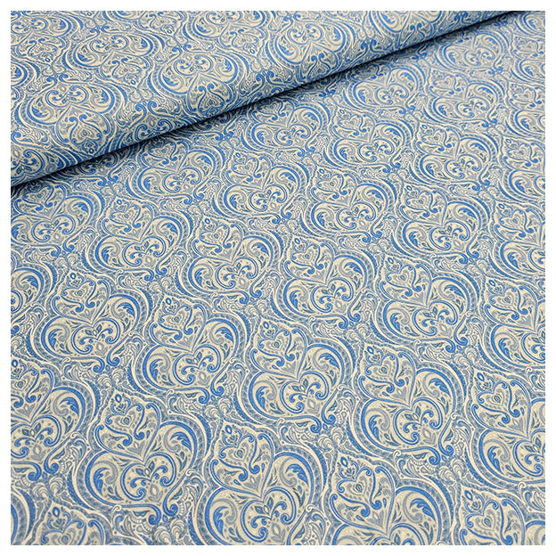 Baumwollsatin Siena Ornamente hellblau und weiß