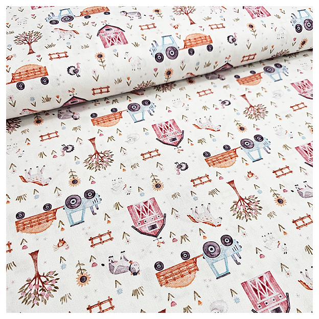 Baumwoll-Popelin Digital Bauernhof mit Traktor