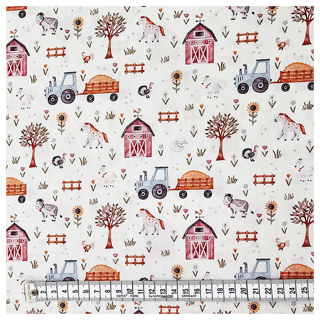 Baumwoll-Popelin Digital Bauernhof mit Traktor