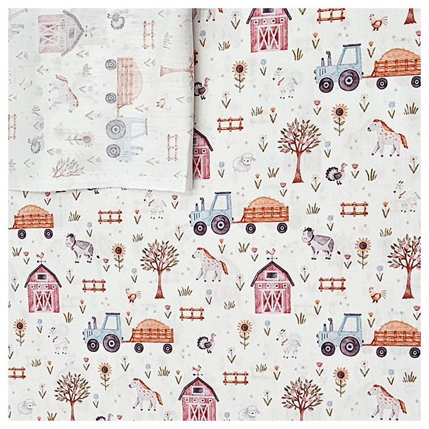 Baumwoll-Popelin Digital Bauernhof mit Traktor