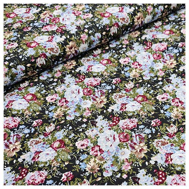 Baumwoll-Popelin Blumen hellblau, grün und rosa