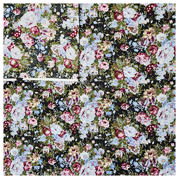 Baumwoll-Popelin Blumen hellblau, grün und rosa