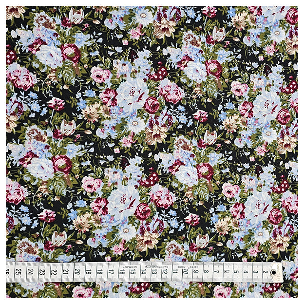 Baumwoll-Popelin Blumen hellblau, grün und rosa