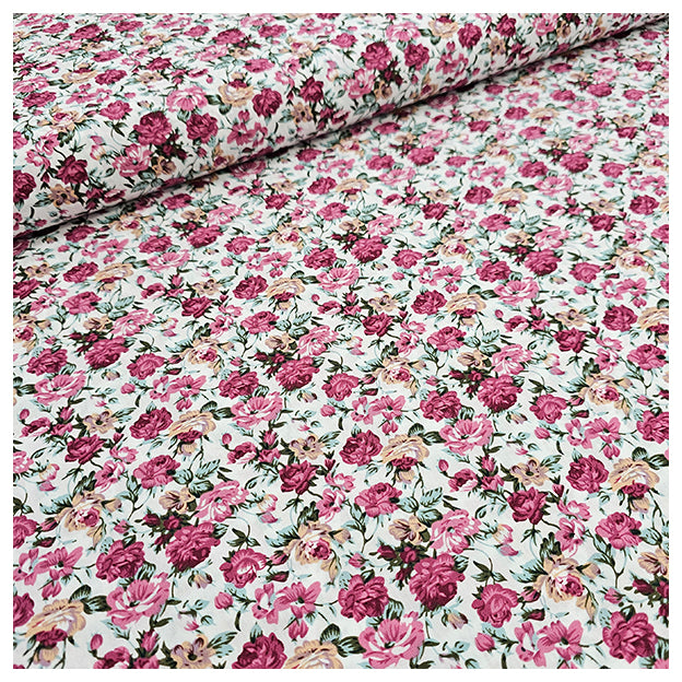Baumwoll-Popelin Blumen rosa und weiß