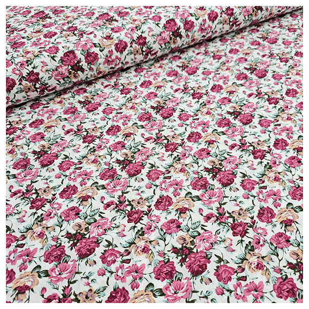 Baumwoll-Popelin Blumen rosa und weiß