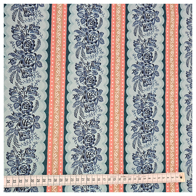 Baumwolle fein Blumen und Streifen blau mit beige