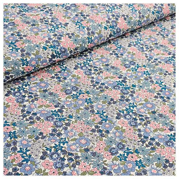 Baumwoll-Popelin Blumen blau, grün und rosa