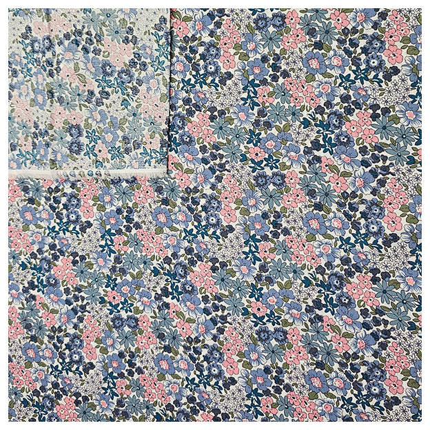 Baumwoll-Popelin Blumen blau, grün und rosa
