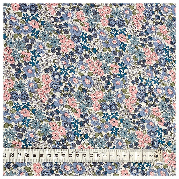 Baumwoll-Popelin Blumen blau, grün und rosa