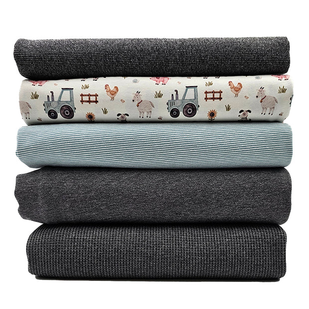 Stoffbox Jersey Bauernhof und Waffeljersey grau mit Bündchen