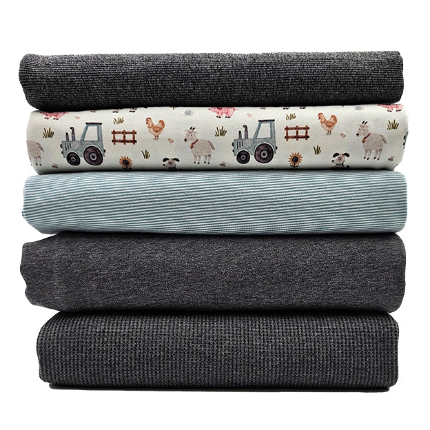 Stoffbox Jersey Bauernhof und Waffeljersey grau mit Bündchen