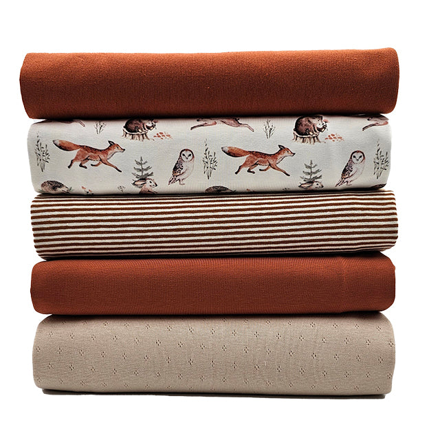 Stoffbox Jersey Waldtiere mit uni rost und Bündchen