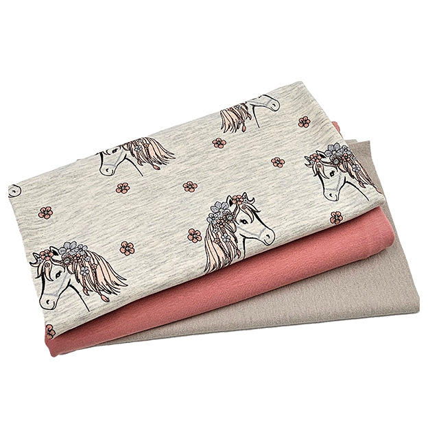 Jersey Stoffpaket Pferde glitzer und uni rose mit Bündchen