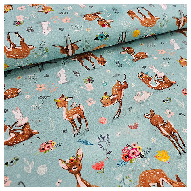 Jersey Rehlein mit Blumen mint