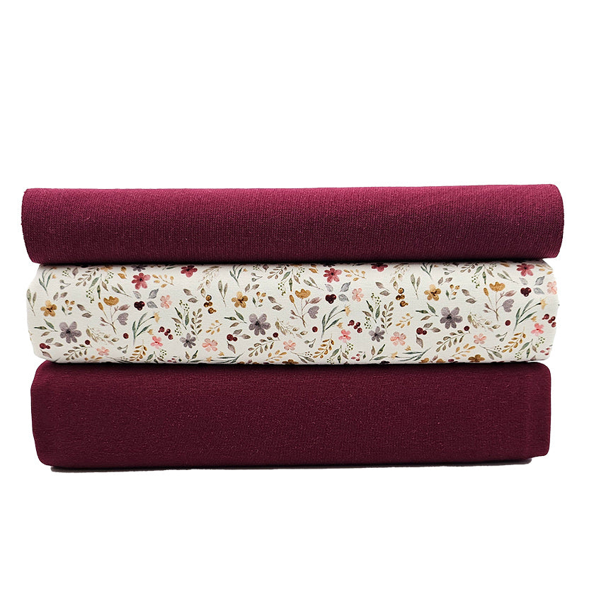 Jersey Stoffpaket Blumen Collage ecru und uni bordeaux mit Bündchen