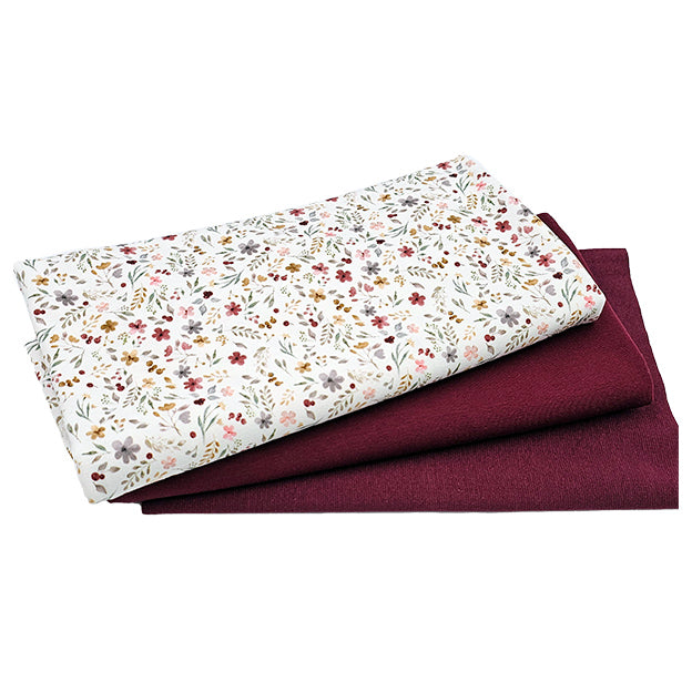 Jersey Stoffpaket Blumen Collage ecru und uni bordeaux mit Bündchen