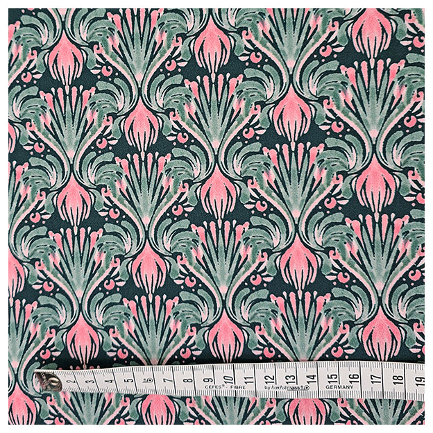 Baumwollsatin Blumen rosa mit dunkelgrün