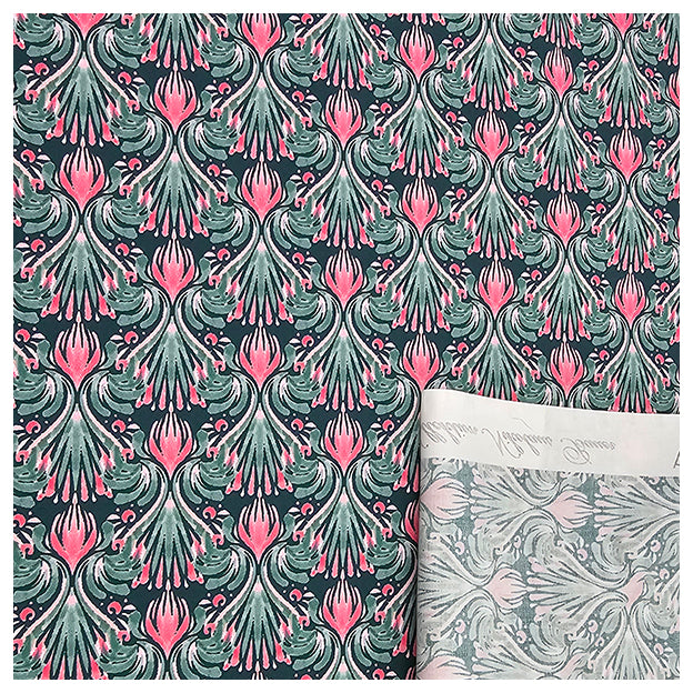 Baumwollsatin Blumen rosa mit dunkelgrün