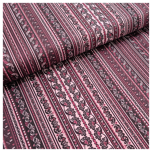 Baumwollsatin Paisley mit Streifen bordeaux und altrosa