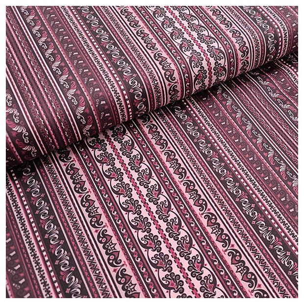 Baumwollsatin Paisley mit Streifen bordeaux und altrosa