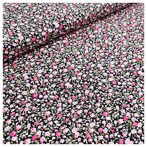 Baumwoll-Popelin Blümchen rosa und schwarz