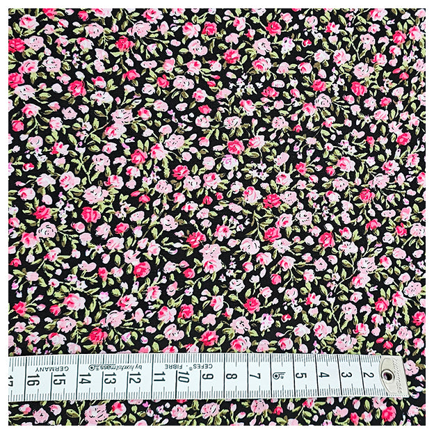 Baumwoll-Popelin Blümchen rosa und schwarz