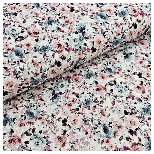 Baumwoll-Popelin Digital Rosen Pastell grau und rosa