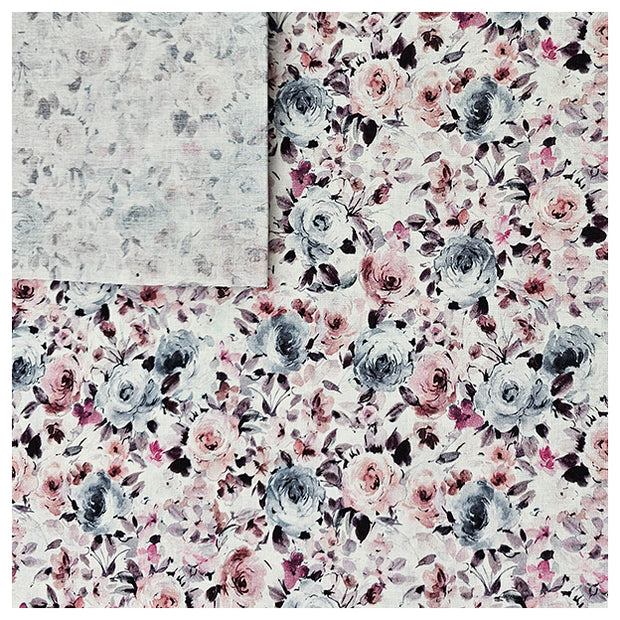 Baumwoll-Popelin Digital Rosen Pastell grau und rosa