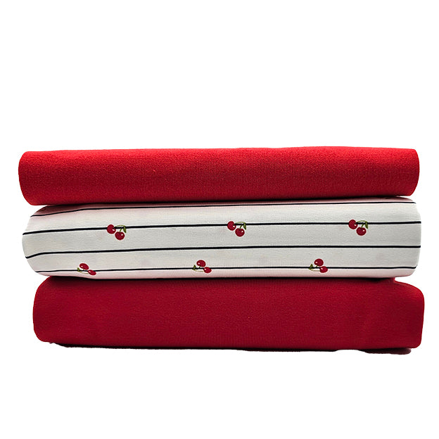 Jersey Stoffpaket Kirschen und uni rot mit Bündchen