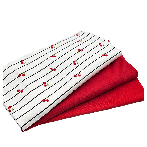 Jersey Stoffpaket Kirschen und uni rot mit Bündchen