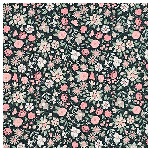Baumwoll-Popelin Blumen rosa und dunkelgrün