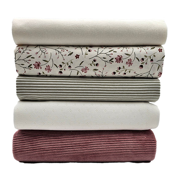 Stoffbox Jersey Blumen und Blätter mit Feincord Jersey und Bündchen
