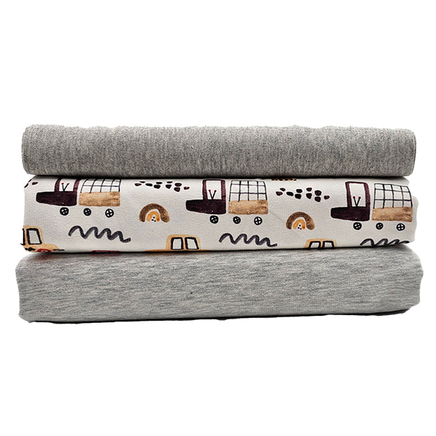 French Terry Stoffpaket Autos und uni grau mit Bündchen