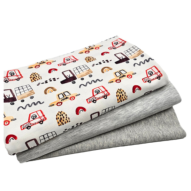 French Terry Stoffpaket Autos und uni grau mit Bündchen