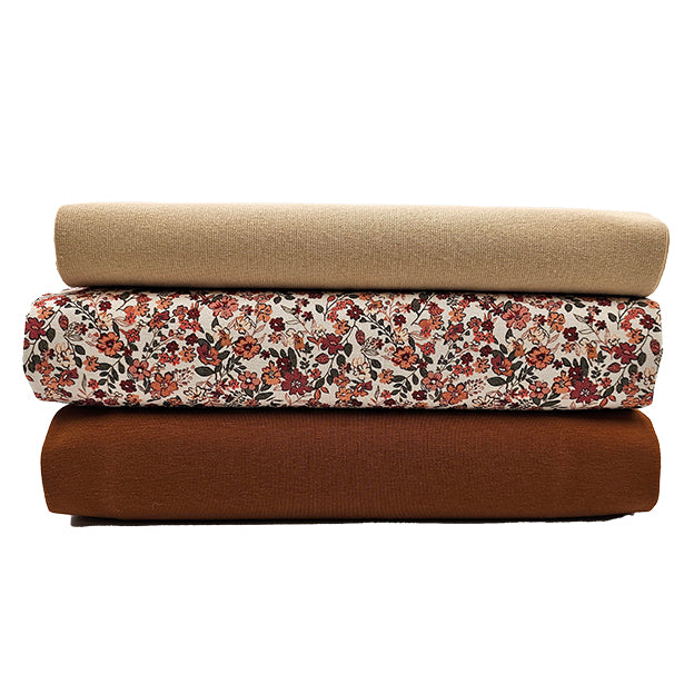 Jersey Stoffpaket Blümchen und uni goldbraun mit Bündchen